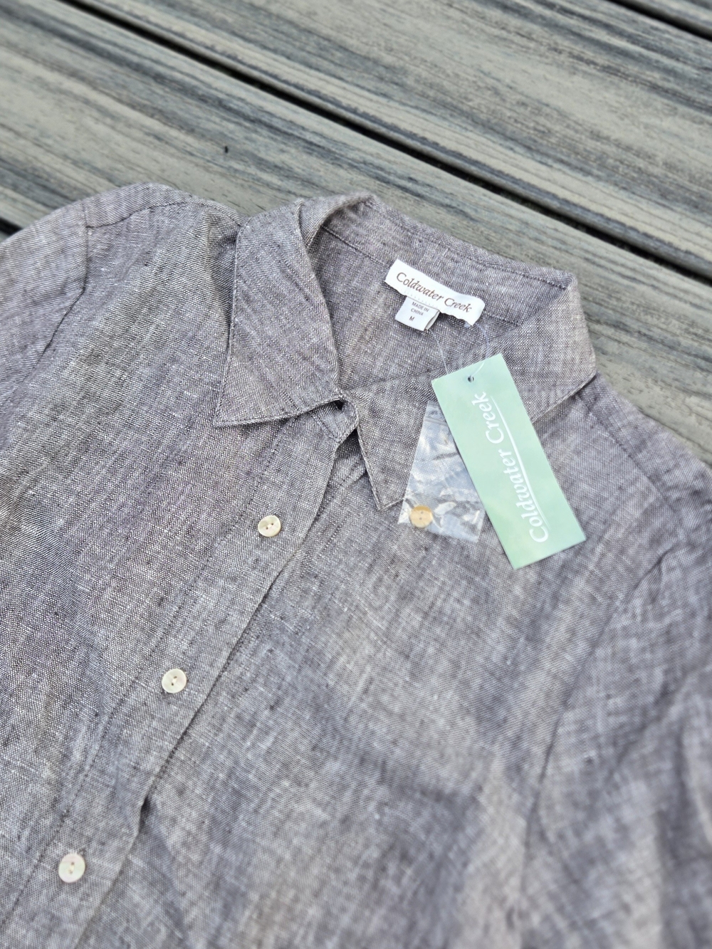 Coldwater Creek Charcoal Button-Front 3/4 Sleeve 100% Linen Shirt